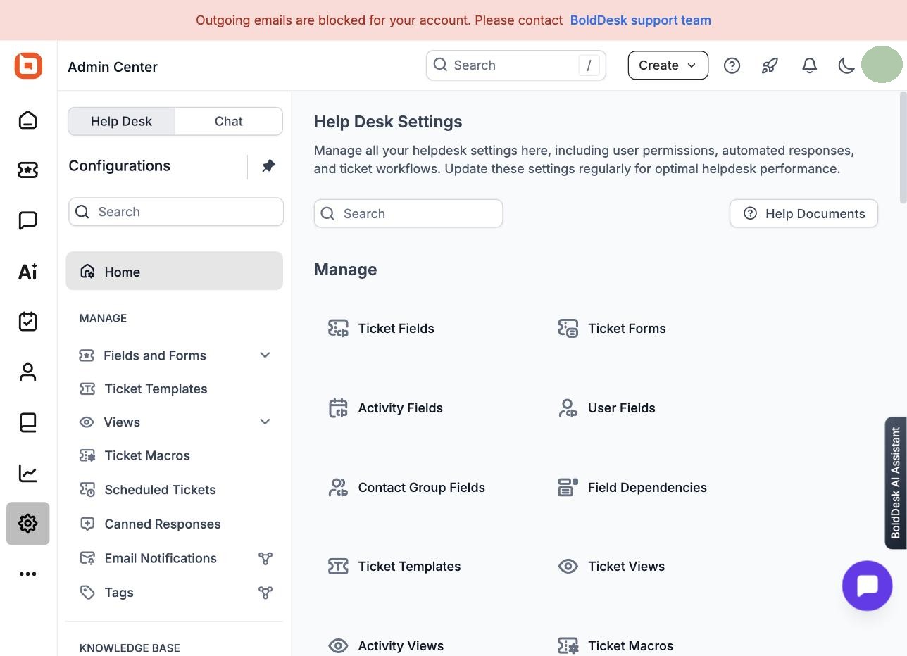 BoldDesk Admin Center home screen listing Ticket Fields, Ticket Forms, Activity Fields, and other configuration sections