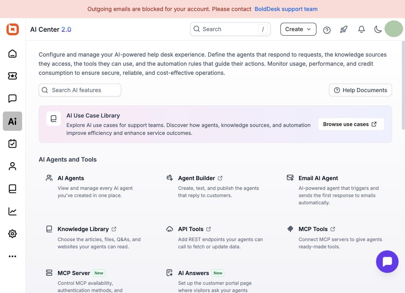 BoldDesk AI Center 2.0 dashboard listing AI Agents, Agent Builder, Email AI Agent, Knowledge Library, API Tools, and MCP Tools