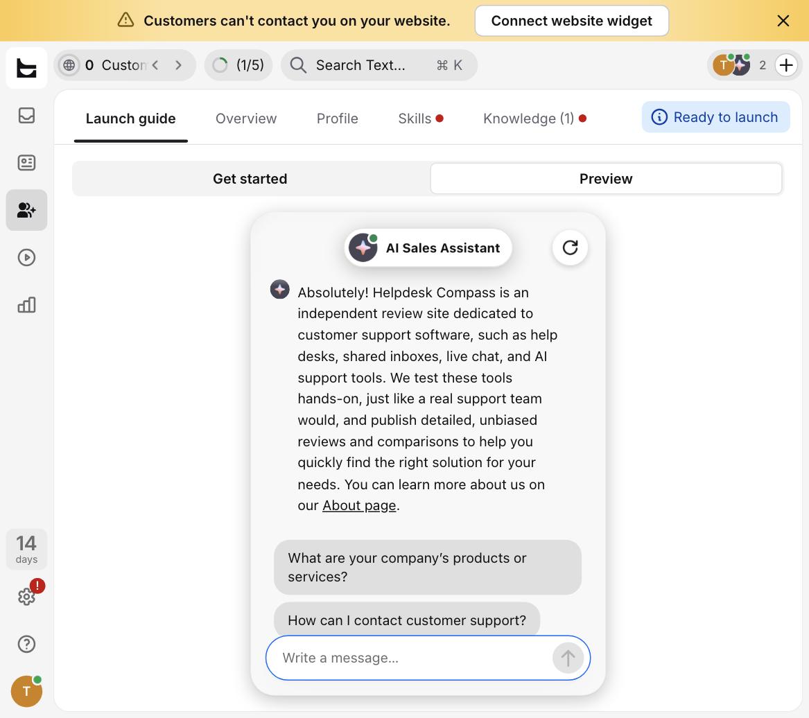 Text.com AI chat widget answering a question about the trained website's content accurately