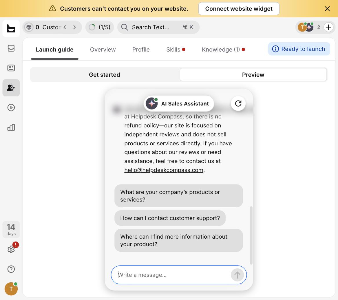 Text.com AI chat widget correctly declining to answer an out-of-scope refund policy question instead of hallucinating