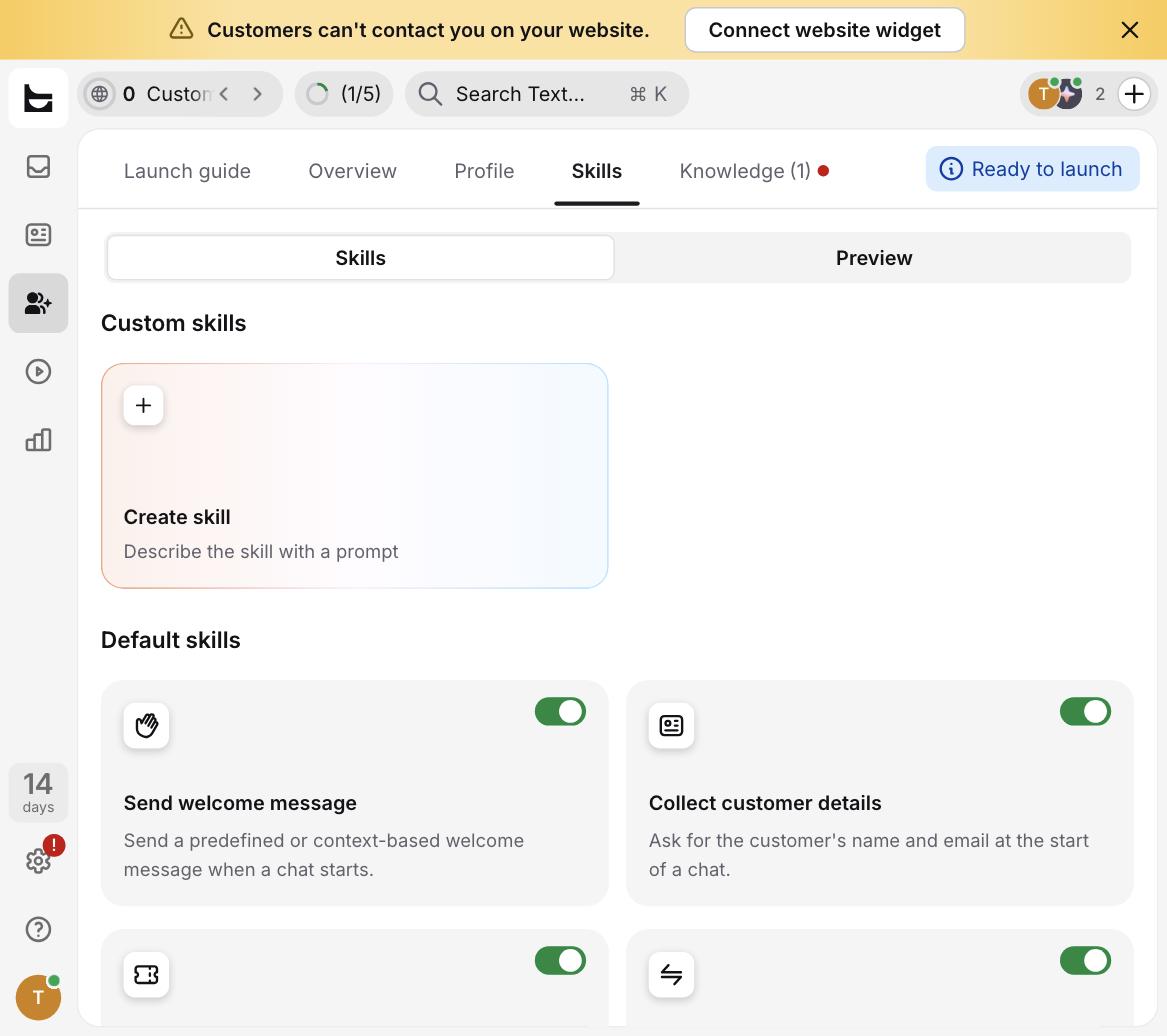 Text.com AI agent Skills tab showing default skills like Send welcome message and Collect customer details, plus a Create skill option