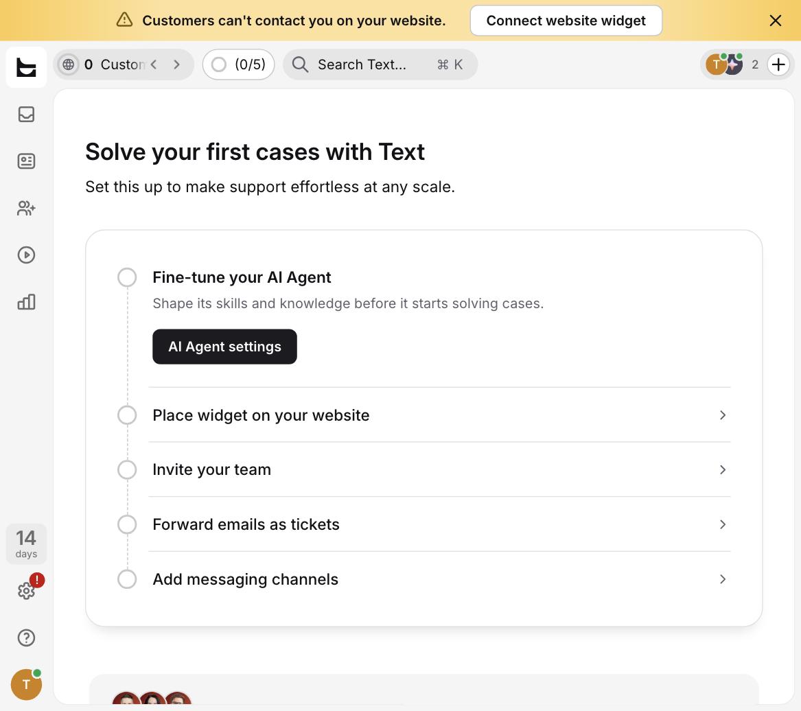 Text.com onboarding checklist showing five setup steps and a 14-day trial counter