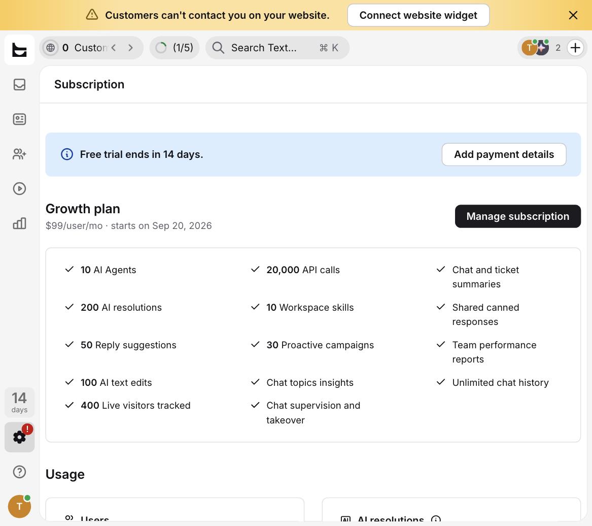 Text.com subscription panel showing the Growth plan at $99 per user per month with full feature list, starting after the 14-day trial